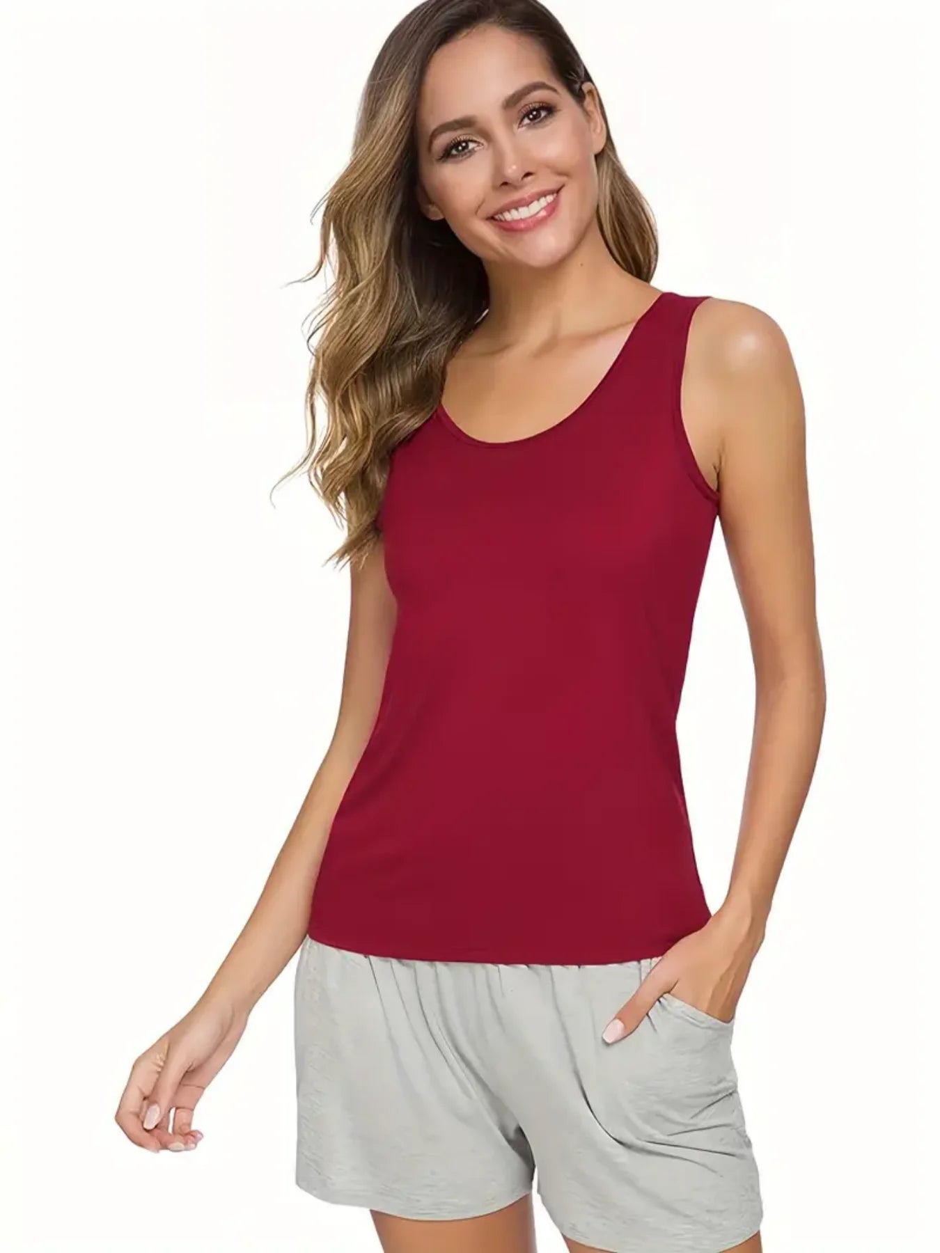 Solid color multifunctional vest, casual workout round neck sleeveless top, women's