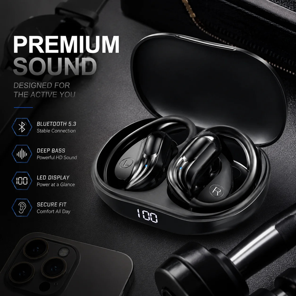 Wholesale Wireless Headphones Bluetooth 5.4 Earphones True with Mic Button Control Noise Reduction Earhooks Waterproof Headset