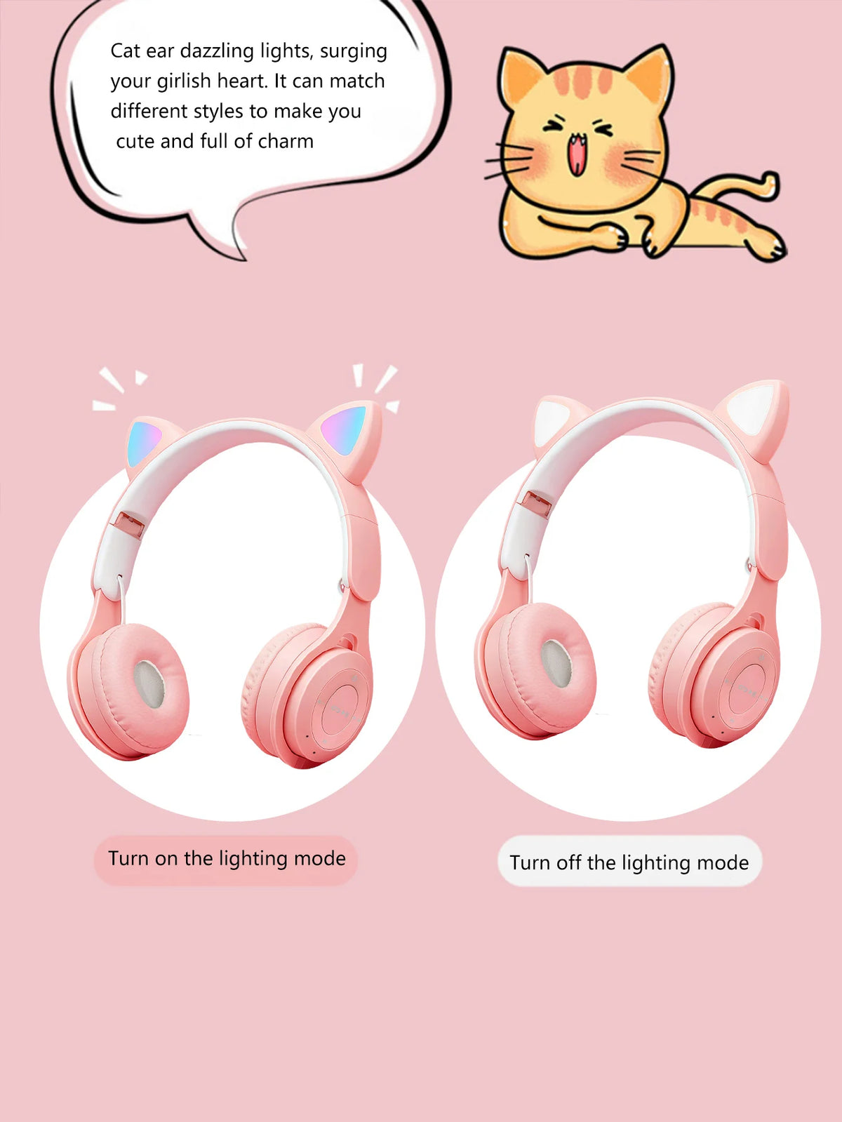 Cat Ear Headphones with Wireless Technology, Featuring RGB Lighting Effect, BT 5.0 with Low Latency, Long Battery Life, as a Gif