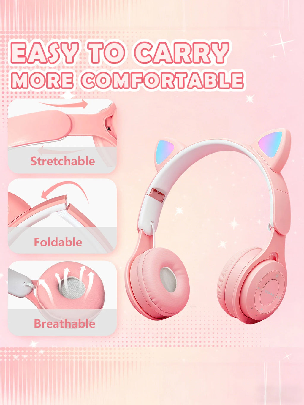 Cat Ear Headphones with Wireless Technology, Featuring RGB Lighting Effect, BT 5.0 with Low Latency, Long Battery Life, as a Gif