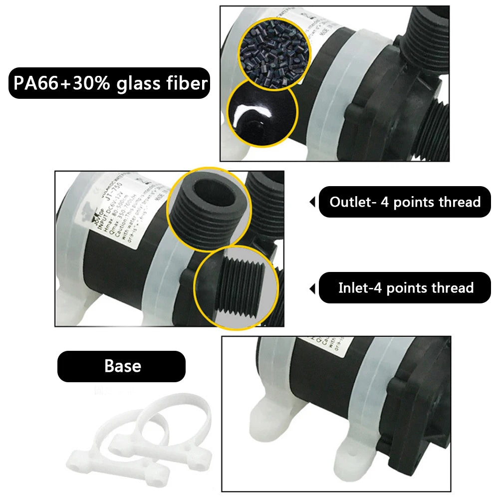 Silent 4 Points Threaded Water Heater Shower Floor Heating Booster Pump Brushless Solar Motor Water Pump DC 12V 24V IP68 US Plug