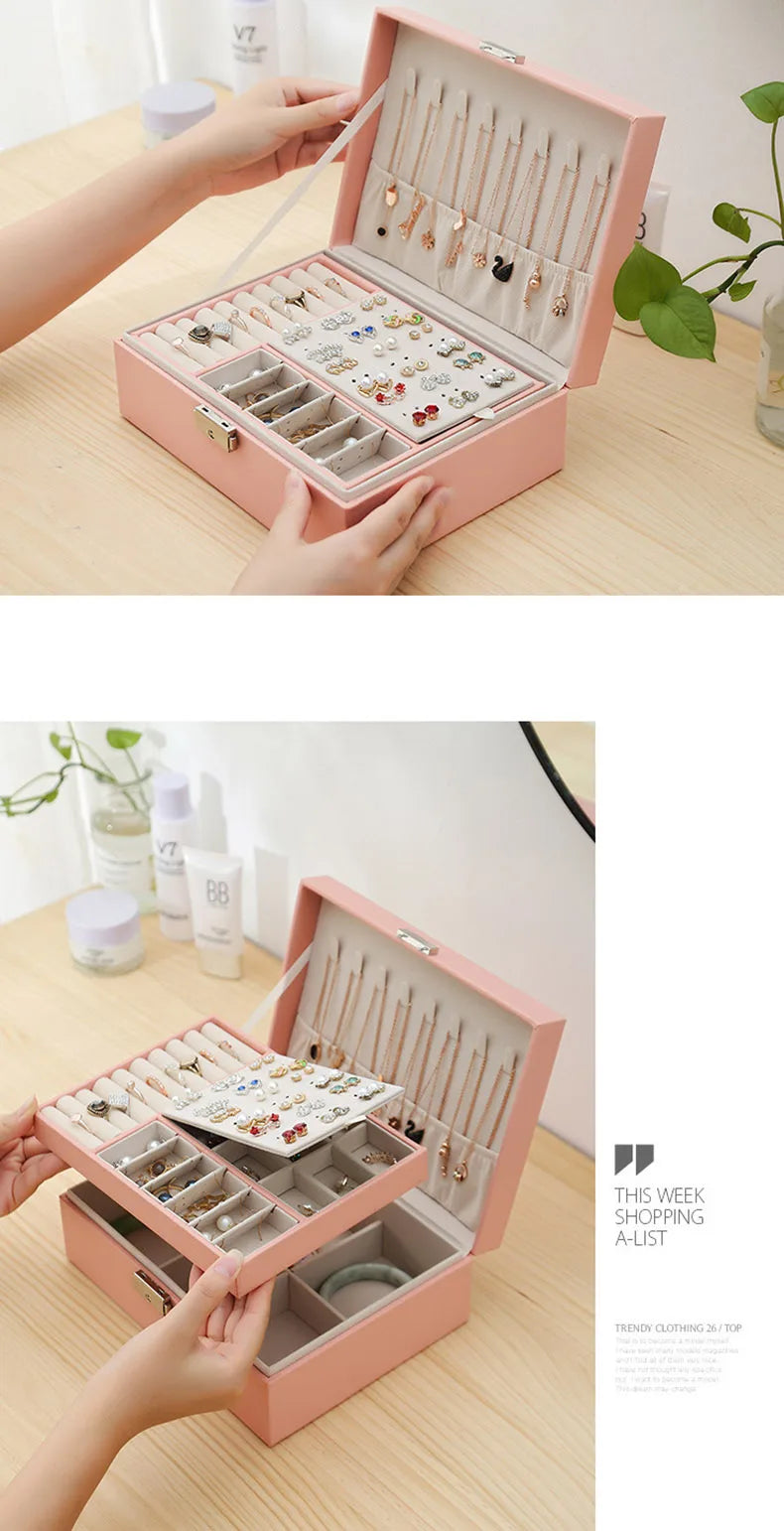 Double-layer Wooden Jewlery Box Ring Box Jewelry Boxes and Packaging with PU Leather Jewelry Storage Organizer and Makeup Case