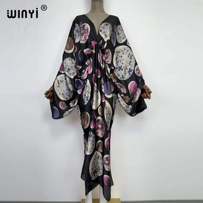Sexy bech high-quality hand-rolled feel silk rayon fashion print 2021 WINYI Maxi women's robes long beach V-neck Bohemian dress