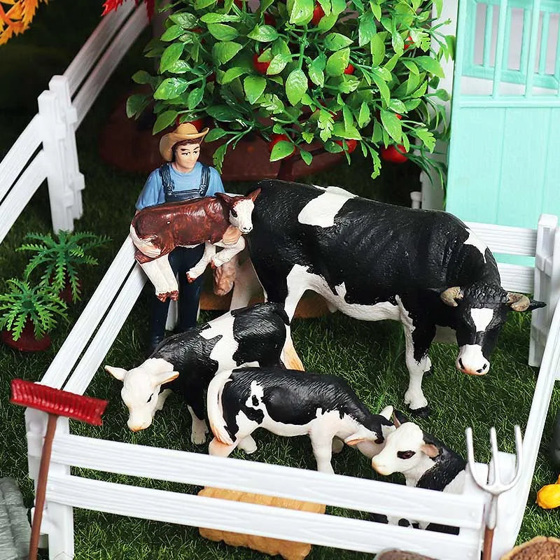 Oenux Home Decoration Equestrian Fencing Palm Trees Simulation Farm Cow Horse Animal Model Action Figures Miniature Cute Kid Toy