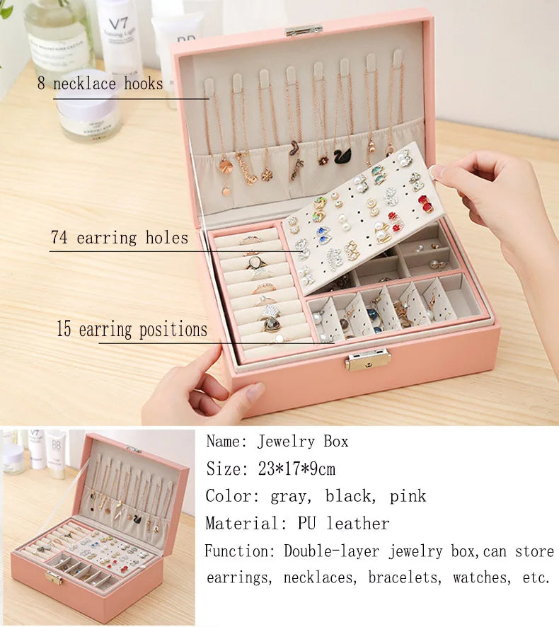 Double-layer Wooden Jewlery Box Ring Box Jewelry Boxes and Packaging with PU Leather Jewelry Storage Organizer and Makeup Case