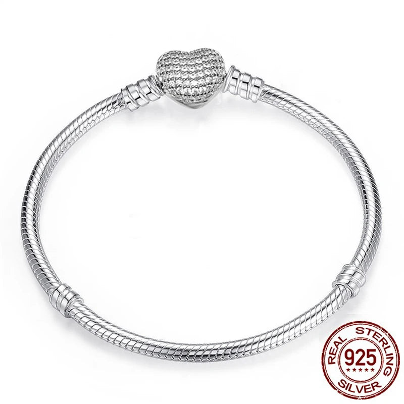 Handmade Jewelry Real 925 Sterling Silver Charm Bracelet Bangle Smooth Heart shape Bracelets for Women men DIY Jewelry 16-23cm