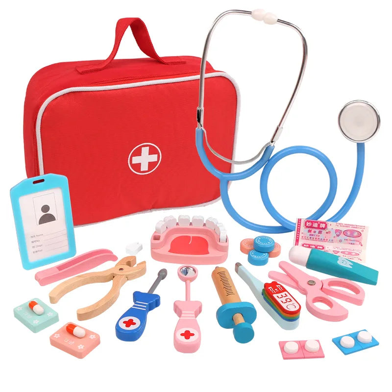Wooden Pretend Play Doctor Educational Toys for Children Medical Simulation Medicine Chest Set for Kids Role Playing Pretend Toy