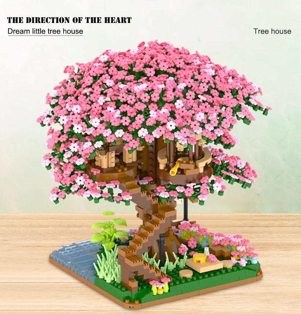 Cherry Bonsai Tree Building Blocks Set DIY Sakura Blossom Plants Bricks with Light Treehouse Model Romantic Gift for Girlfriend