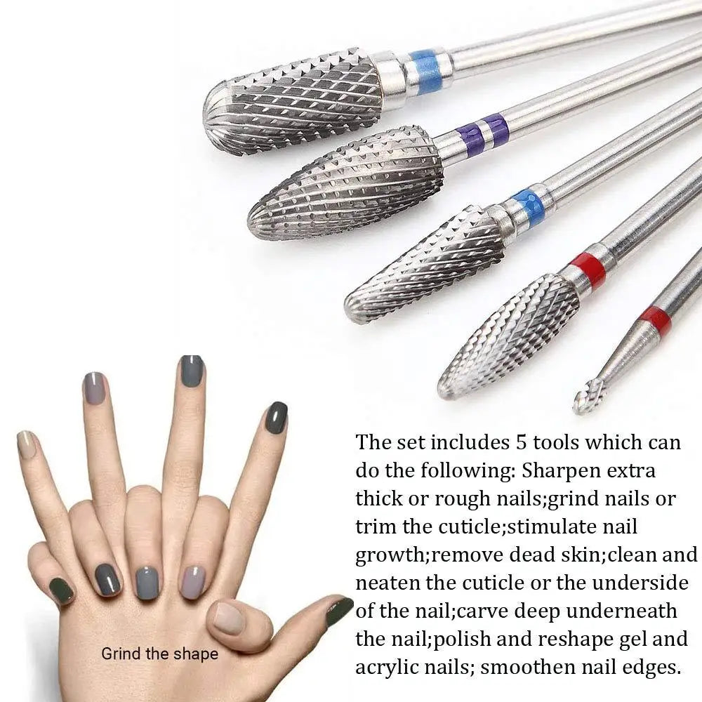 5 Pcs Tungsten Steel Milling Cutter For Manicure  Removing Gel Varnish Burr Nail Drill Bits Set