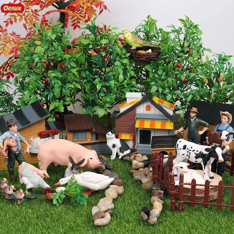 Oenux Home Decoration Equestrian Fencing Palm Trees Simulation Farm Cow Horse Animal Model Action Figures Miniature Cute Kid Toy