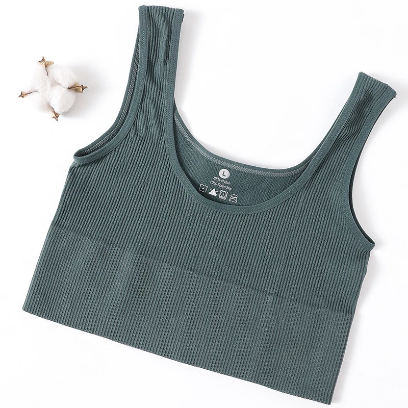 Women Seamless Ribbed Cropped Tank Top High Elastic Sleeveless Top Sexy Lingerie Sports Underwear O-neck Bra Daily Camisole M-XL