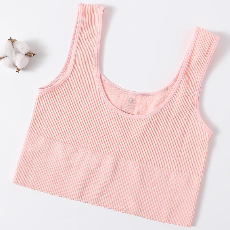 Women Seamless Ribbed Cropped Tank Top High Elastic Sleeveless Top Sexy Lingerie Sports Underwear O-neck Bra Daily Camisole M-XL