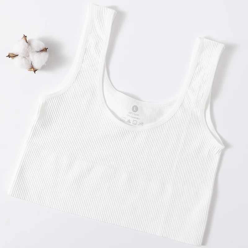 Women Seamless Ribbed Cropped Tank Top High Elastic Sleeveless Top Sexy Lingerie Sports Underwear O-neck Bra Daily Camisole M-XL