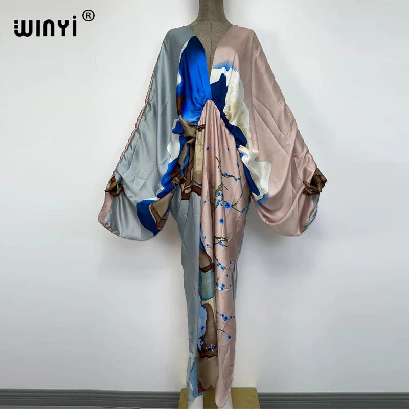 Sexy bech high-quality hand-rolled feel silk rayon fashion print 2021 WINYI Maxi women's robes long beach V-neck Bohemian dress