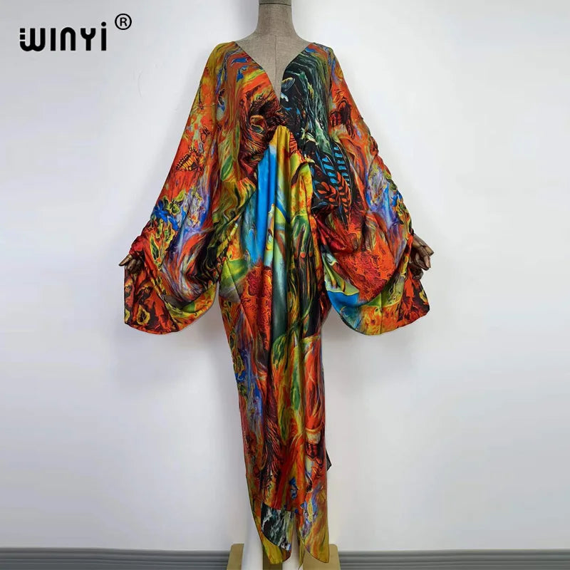 Sexy bech high-quality hand-rolled feel silk rayon fashion print 2021 WINYI Maxi women's robes long beach V-neck Bohemian dress