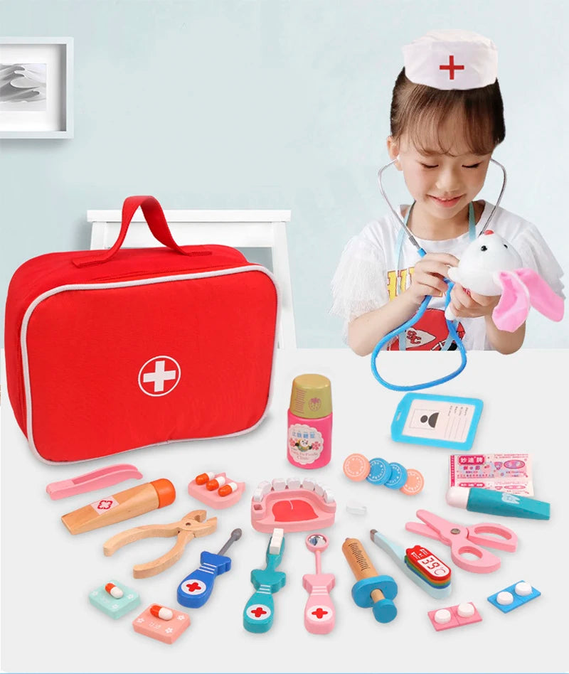 Wooden Pretend Play Doctor Educational Toys for Children Medical Simulation Medicine Chest Set for Kids Role Playing Pretend Toy