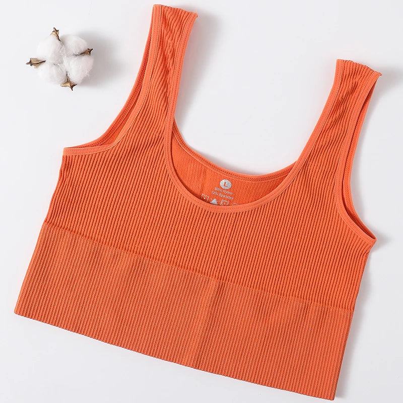 Women Seamless Ribbed Cropped Tank Top High Elastic Sleeveless Top Sexy Lingerie Sports Underwear O-neck Bra Daily Camisole M-XL