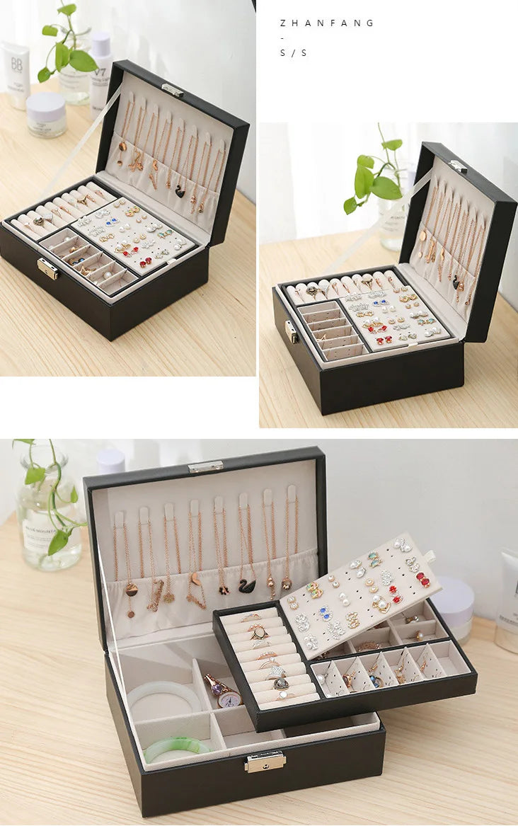 Double-layer Wooden Jewlery Box Ring Box Jewelry Boxes and Packaging with PU Leather Jewelry Storage Organizer and Makeup Case