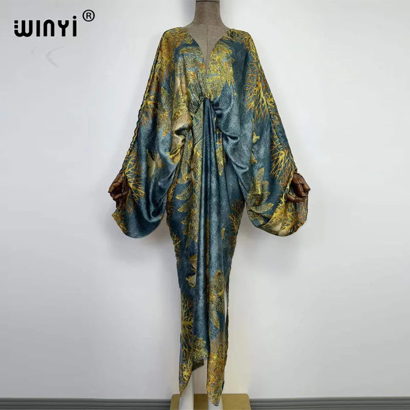 Sexy bech high-quality hand-rolled feel silk rayon fashion print 2021 WINYI Maxi women's robes long beach V-neck Bohemian dress