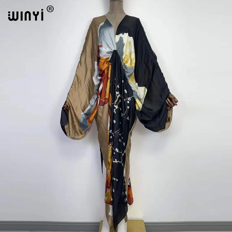 Sexy bech high-quality hand-rolled feel silk rayon fashion print 2021 WINYI Maxi women's robes long beach V-neck Bohemian dress