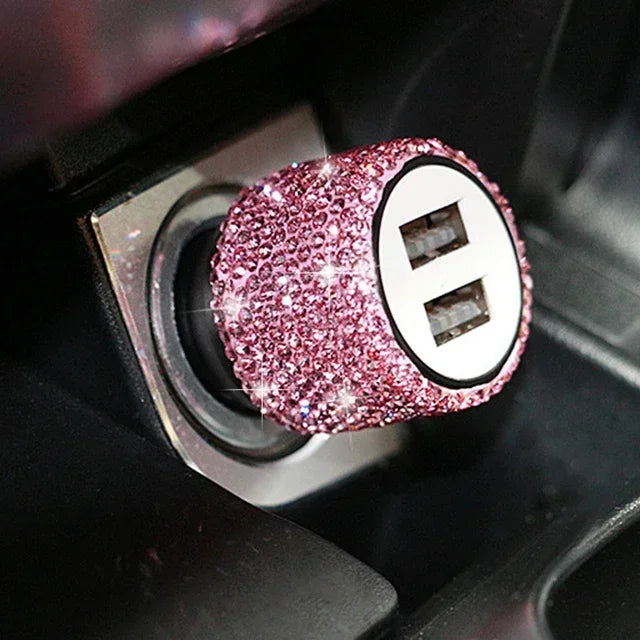 New Bling USB Car Charger 5V 2.1A Dual Port Fast Adapter Pink Car Decor Car Styling Diamond Car Accessories Interior for Woman