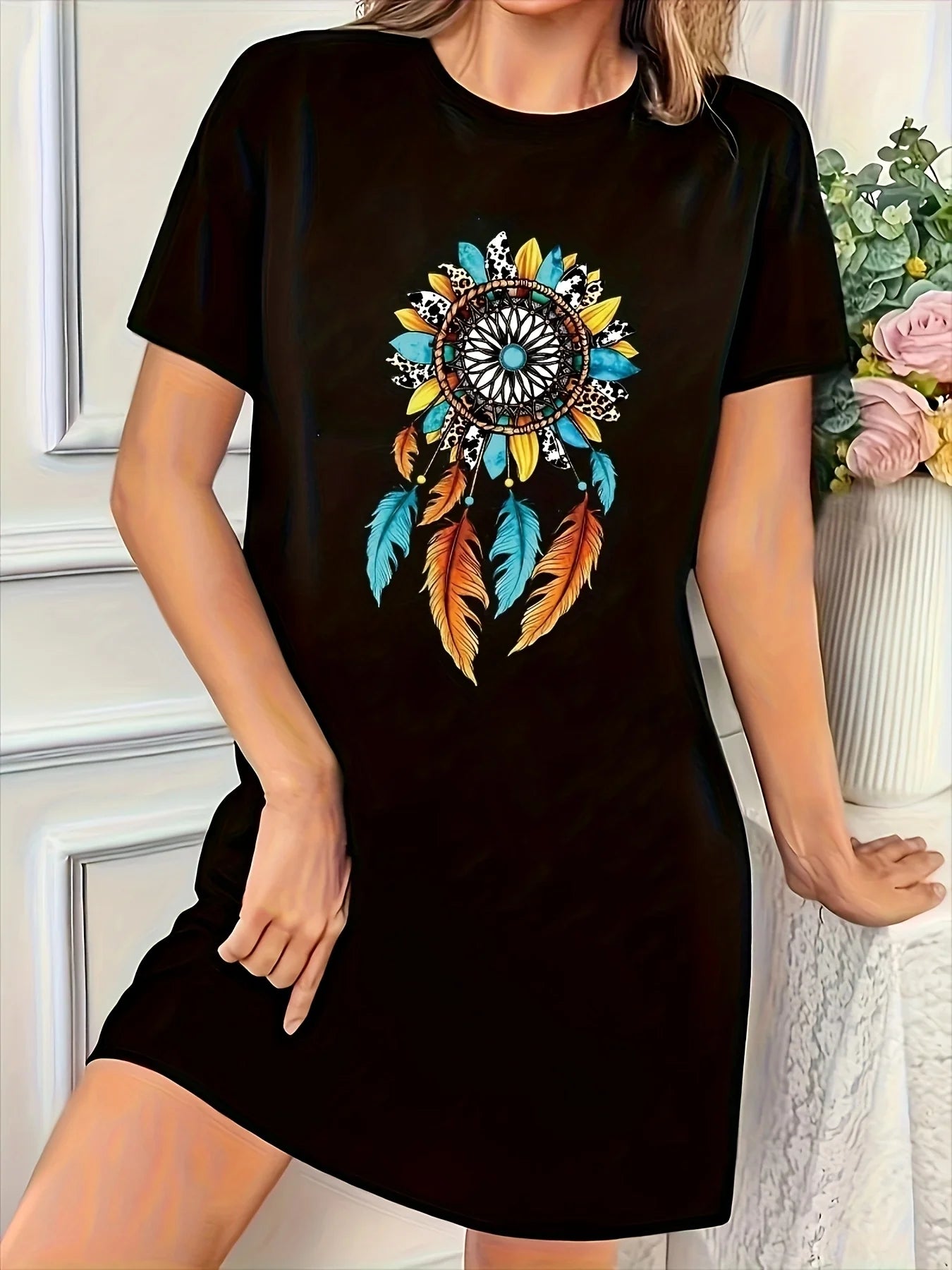 Ladies' spring and summer casual loose plus size bee bow pattern printed round neck short sleeved T-shirt dress
