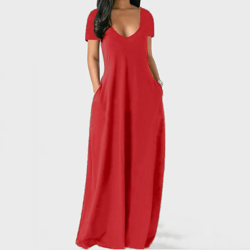 European and American summer cross-border foreign trade new plus size women's solid color dress sexy deep V short sleeved long s
