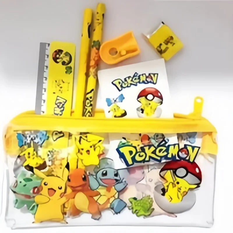 Pikachu Student Stationery Set Anime Kawaii Pencil Case Pencil Ruler Eraser Zipper Storage Bag for Kids Birthday Gift