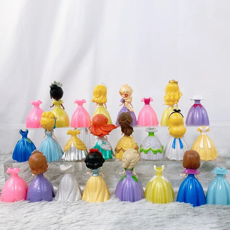 24pcs Princess Cinderella Belle Alice Snow White Ariel Rapunzel Pvc Action Figures Interchangeable Clothes Toys Dolls Gifts