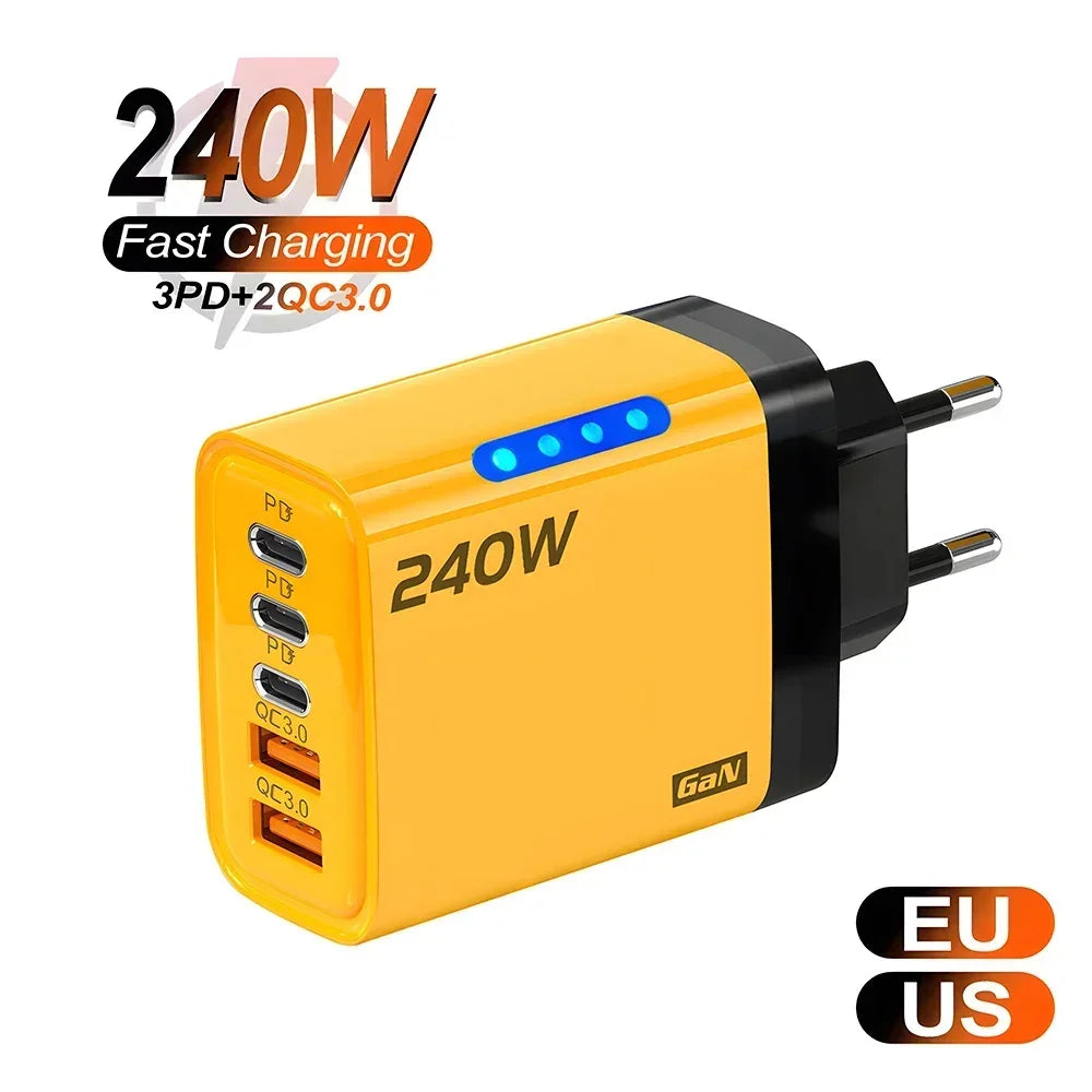 USB C GaN Charger 240W 5 in 1 Fast Charging Phone Charger Power Adapter For iPhone Samsung Xiaomi Type C EU/US Plug Wall Charger