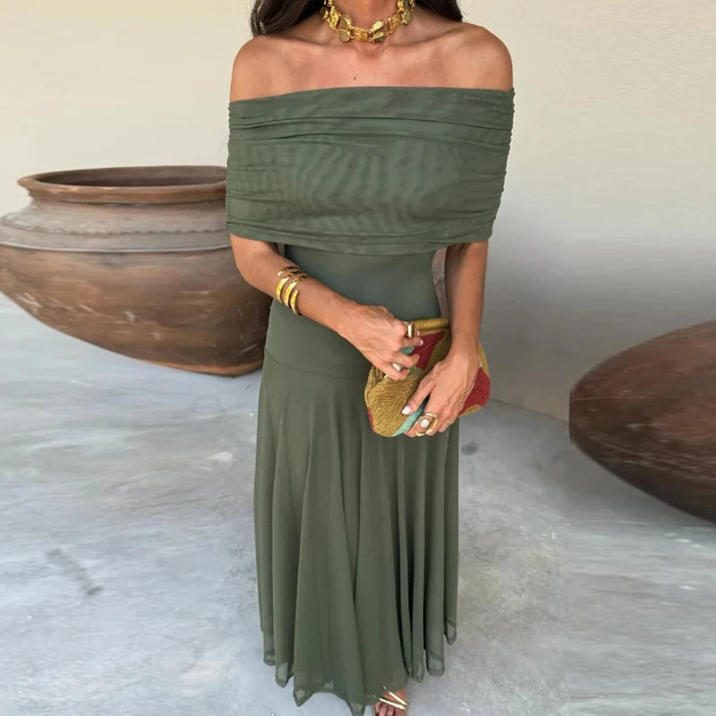 Sexy Sleeveless Commuter Dress Fashion Hight Waist Strapless Slim Long Dress Women Elegant Mesh Splicing Solid Color Party Dress