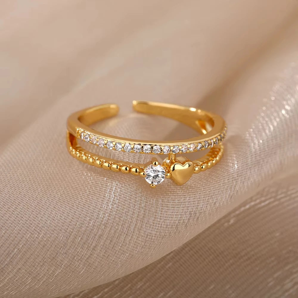 Colorful Cubic Zircon Ring for Women Stainless Steel Gold Color Open Ring Vintage Boho Wedding Party Jewelry Gift Accessories