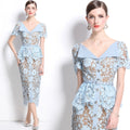 Quality Summer Beaded Diamonds Embroidery Beige White Lace Evening Dress Women Short Sleeve Ruffle Peplum Midi Prom Dresses Long