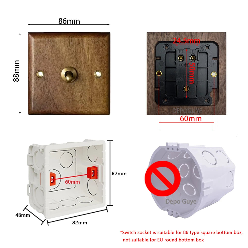 High Quality Retro Europe Type Vintage Wall Light Switch Socket, Solid Wood Brass Toggle Switch Plate, Antique Home Stay Switch