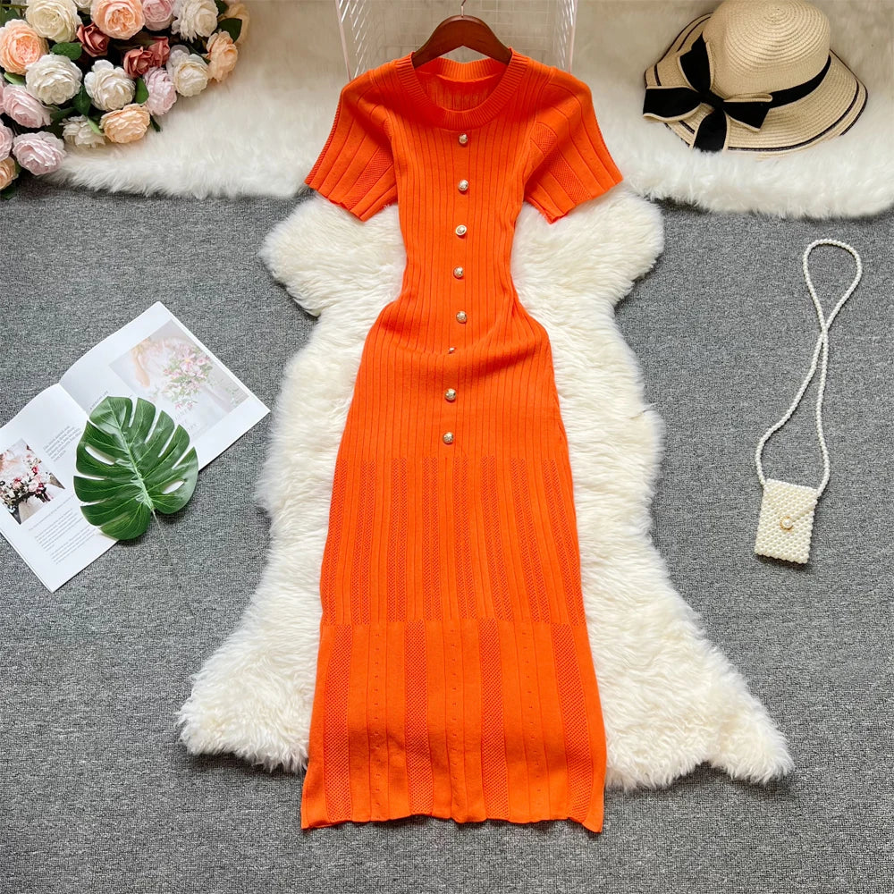 YuooMuoo 2026 Summer Women Knitted Long Dress Brand Fashion O-neck Buttons Bodycon Sweater Dress Elegant Lady Office Vestidos