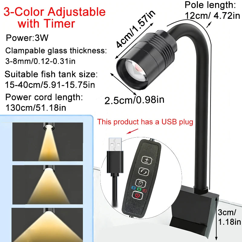 USB 3W South American Aquarium Spotlight 3-Color Dimmable Cycle Timer Zoomable LED Fish Tank Lamp for Aquascape Decor  Lighting