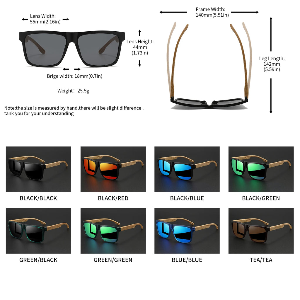 New Fashion Square Sunglasses - Wood Grain Spring Hinge, UV400 Unisex for Driving, Hiking & Travel