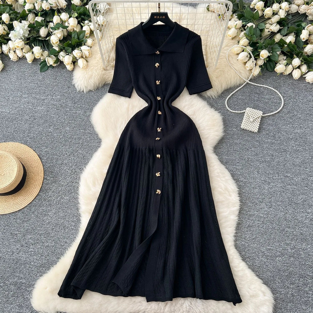 YuooMuoo Chic Fashion Elegant Patchwork Knitted Maxi Dress 2025 Summer Lady Turn-down Collar Shirt Sweater Dress Party Vestidos