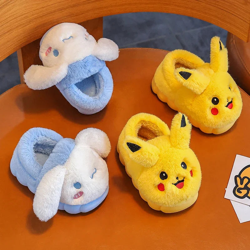 Kawaii Pikachu Figure Cotton Slippers Cover Heel Anime Peripheral Cute Cartoon Flat Autumn/Winter Plush Slippers Christmas Gifts