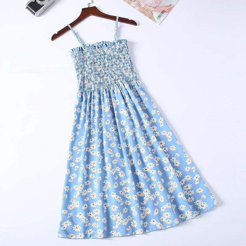 Summer Chiffon Camisole Sleeveless Dress Women Mini Dresses Fashion Elastic  Waist Casual Spaghetti Strap Dresses Vestidos Girls