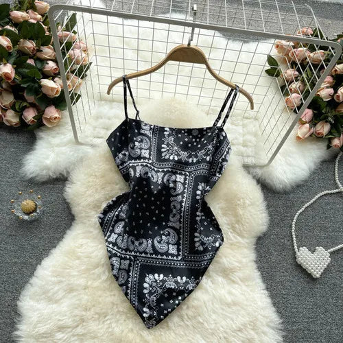 Women Sexy Backless asymmetrical lace-up Camis Print Tank Top Chic One-piece Corset Bustier Summer Beach vacation Crop Top