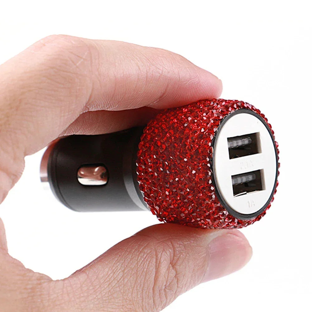 New Bling USB Car Charger 5V 2.1A Dual Port Fast Adapter Pink Car Decor Car Styling Diamond Car Accessories Interior for Woman