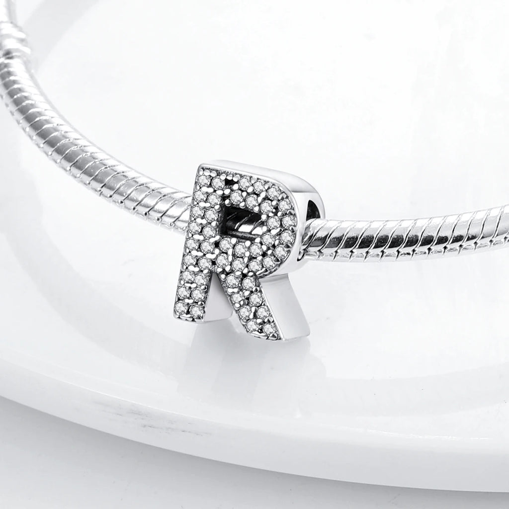 Original 925 Sterling Silver 26 Alphabet Letters Sparkling Zircon Charms Pendant Beads For Women Fine DIY Birthday Jewelry Gifts
