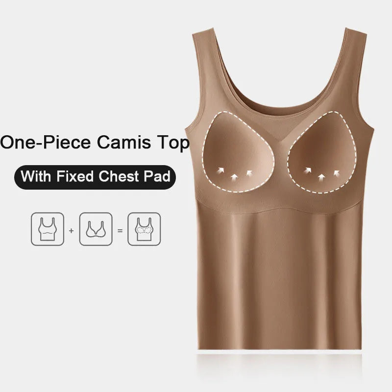 M-2XL Ice Silk Seamless One-piece Bottoming Tank Tops with Chest Pads Women Inner Outerwear Wide Shoulder Sleeveless Tops