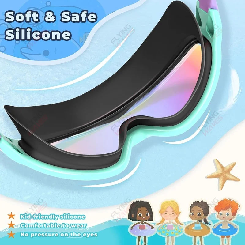 Large Frame Kids Swim Goggles 3-15YDS Boys Girls Youth Wide Vision Anti-UV Anti-Fog No Leak Soft Silicone Pool Swimming Eyewear