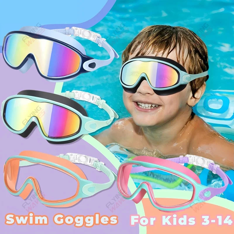 Large Frame Kids Swim Goggles 3-15YDS Boys Girls Youth Wide Vision Anti-UV Anti-Fog No Leak Soft Silicone Pool Swimming Eyewear