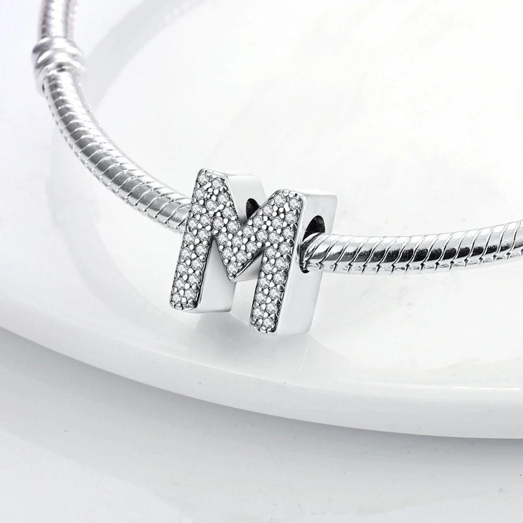 Original 925 Sterling Silver 26 Alphabet Letters Sparkling Zircon Charms Pendant Beads For Women Fine DIY Birthday Jewelry Gifts