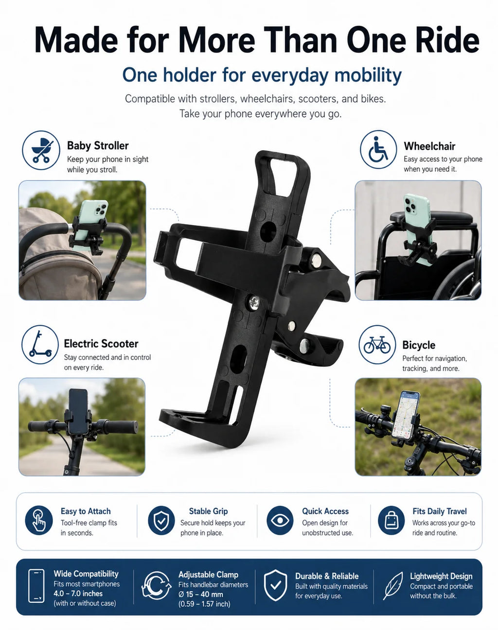 Universal Handlebar Phone Holder Adjustable Bike Scooter Stroller Wheelchair Mount Clamp Stand for 4.0-7.0 Inch Smartphones Uses