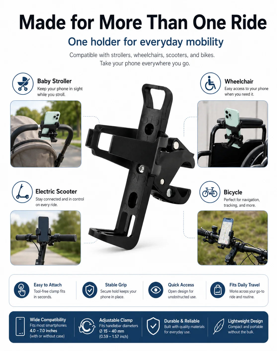 Universal Handlebar Phone Holder Adjustable Bike Scooter Stroller Wheelchair Mount Clamp Stand for 4.0-7.0 Inch Smartphones Uses