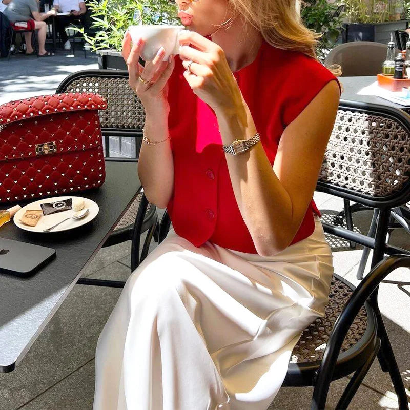 HXAO Short Women Vest Top Sleeveless Button Lady Top New In 2024 Summer O-Neck Fashion Casual Elegant Office Women Clothing